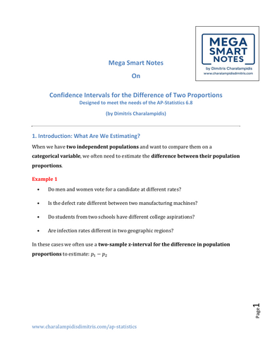 6.8 Confidence Intervals for the Difference of Two Proportions (AP Statistics Mega Smart notes)