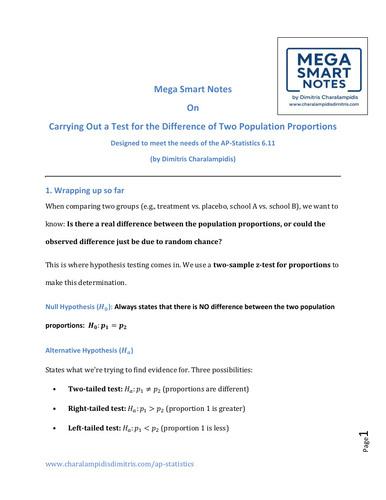6.11 Hypothesis Tests for Differences Between Proportions - Mega Smart notes
