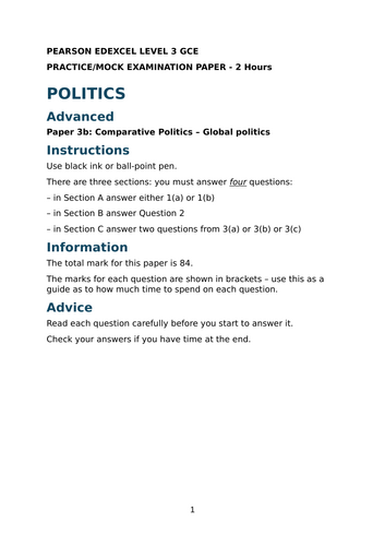 EDEXCEL PEARSON: A Level Politics - Paper 3b - Mock Exam Paper - Inc ...