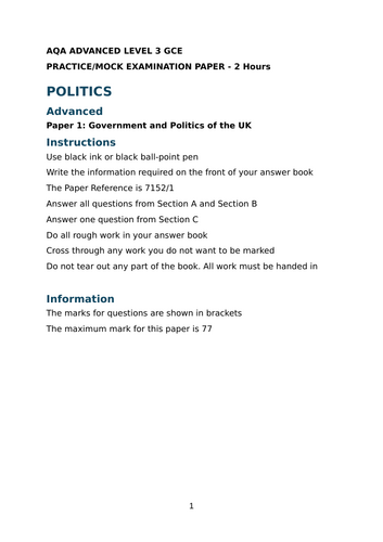 AQA: A Level Politics - Paper 1 - Mock Exam Paper - Inc. Mark Scheme ...