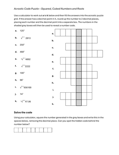 KS3 Maths Activities 3- Number puzzles on Powers and Roots-Calculator use (2 puzzles)
