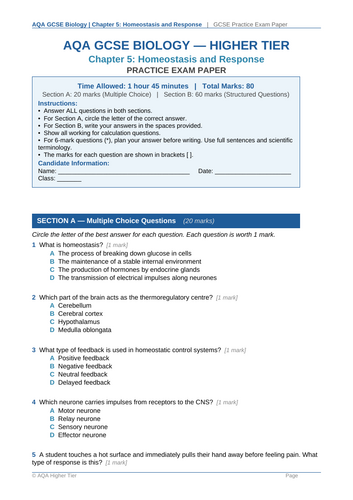 GCSE Biology Homeostasis AQA 8461 Revision, Worksheets & Exam Practice ...