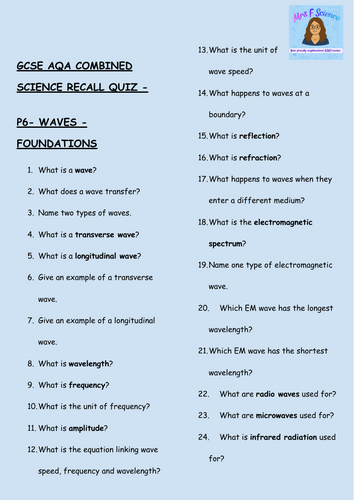 GCSE Physics P6 Waves – 30 Foundation Retrieval Questions | AQA | Low ...