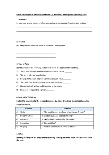 In a London Drawingroom by George Eliot Worksheet