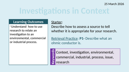 OCR AAQ in Applied Science- Investigating Science: Putting an Investigation into Context