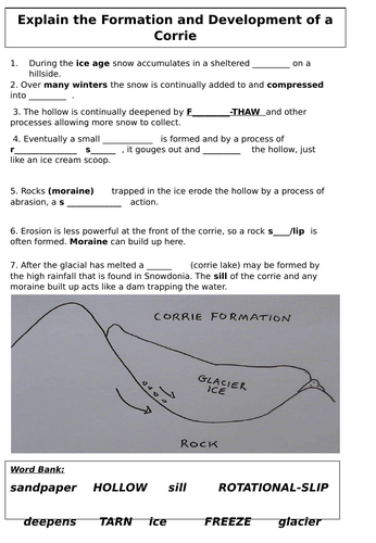 AQA Glacial Landscapes - Formation of a Corrie Worksheet and answers ...
