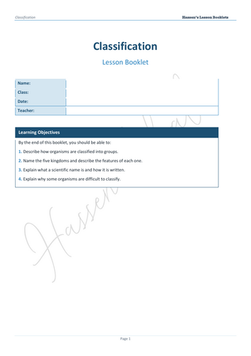 Classification of Organisms CB4c (KS3/GCSE) booklet | Teaching Resources