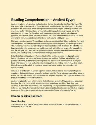 Ancient Egypt - Reading Comprehension - LKS2 - Topic/English Cross ...