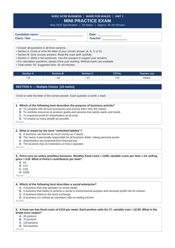 WJEC GCSE Business – Unit 1 COMPLETE Revision & Exam Practice Pack (NEW ...