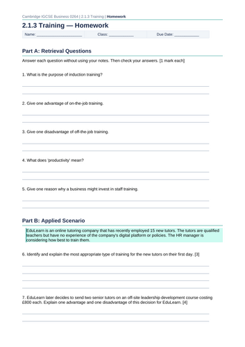 Cambridge IGCSE Business 0264 | 2.1.3 Training | Lesson Pack | Teaching ...
