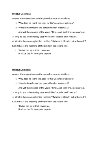 KS3 Poetry - Invictus by William Ernest Henley | Teaching Resources