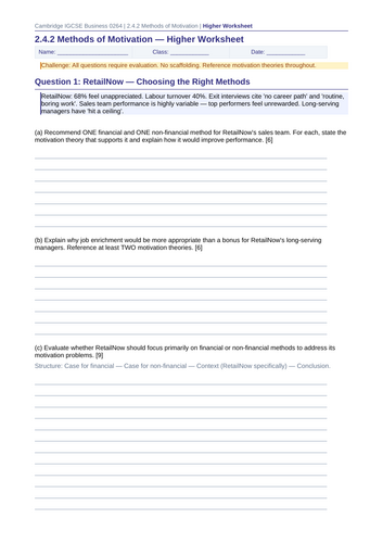 Cambridge IGCSE Business 0264 | 2.4.2 Methods of Motivation | Lesson ...