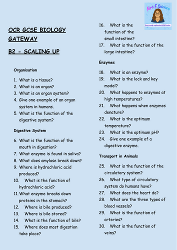 OCR GCSE Biology B2 – Scaling Up - 30 Retrieval Low Stakes Questions ...