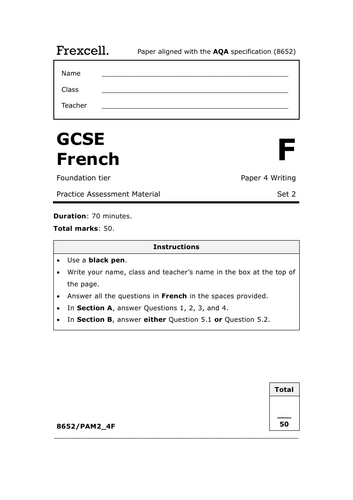 AQA GCSE French (2026) – Foundation Writing Practice Paper (Set 2)