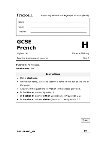 AQA GCSE French (2026) – Higher Writing Practice Paper (Set 2)