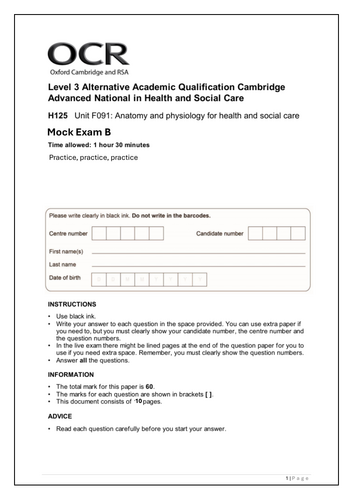 AAQ OCR Cambridge Health & Social Care F091: A&P Mock exams A, B and C ...