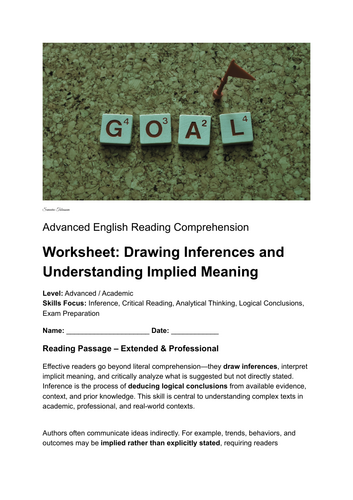 Advanced English Reading Comprehension Worksheets – Inference ...