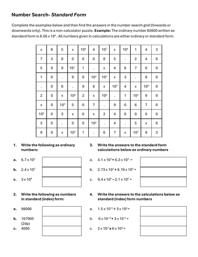 KS3 Maths Activities 2 Number -Multiples of 10 and Standard Form Puzzles ( 5 puzzles)