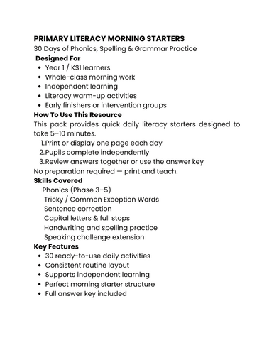 Year 1 Literacy Morning Starters| 30 Day Phonics & Sentence Fixing ...