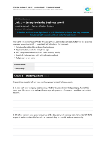 Title: BTEC First Business Unit 1 | A.3 | Trends Affecting Business ...