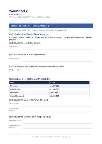 AQA A-Level Business Exam Question Pack (2026) | 10 Worksheets ...