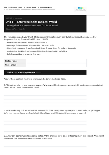 BTEC First Business Unit 1 | B.1 | How Business Ideas Can Be Successful ...
