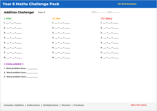 Year 6 Maths Challenge Pack | 4 Operations + Fractions | 20 Worksheets ...