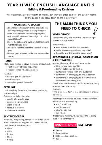 GCSE English Language Editing & Proofreading Revision Pack | WJEC Unit ...