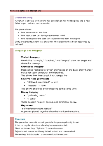'Havisham' by Carol Ann Duffy: Revision Notes and Questions | Teaching ...