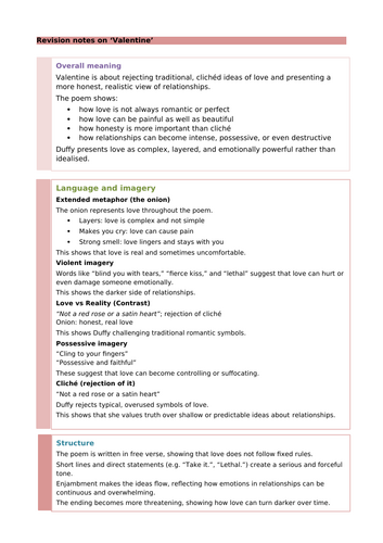 'Valentine' by Carol Ann Duffy: Revision Notes and Questions | Teaching ...