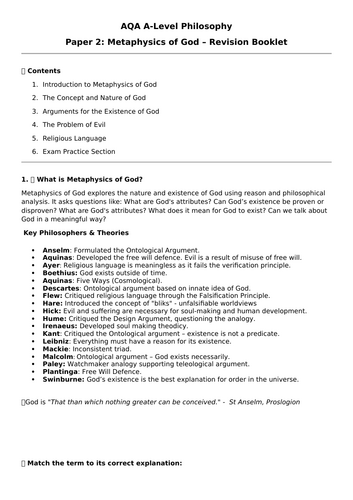 AQA A-Level Philosophy Metaphysics of God Revision Workbook | Teaching ...