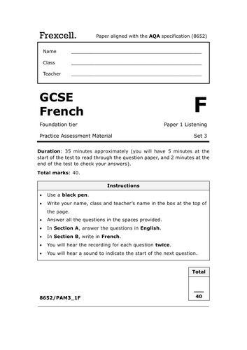 AQA GCSE French (2026) – Foundation Listening Practice Paper (Set 3)