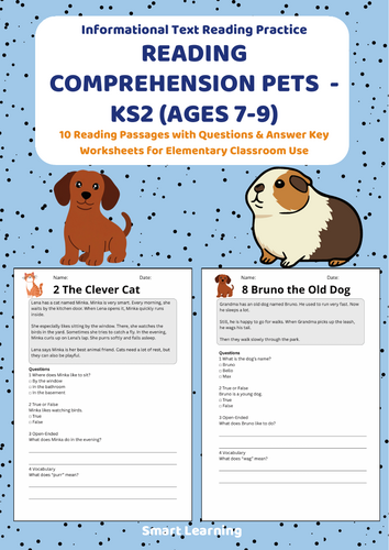 Reading Comprehension Pets Worksheets (Ages 7–8) | 10 Texts & Questions