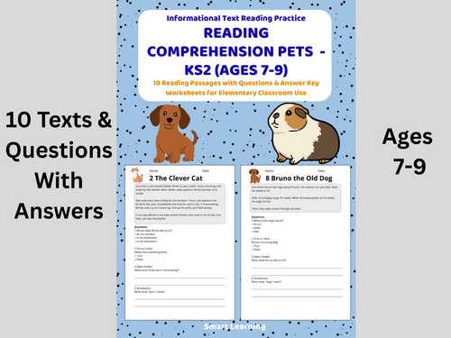 Reading Comprehension Pets Worksheets (Ages 7–9) | 10 Texts & Questions