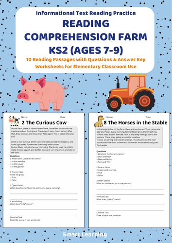 Reading Comprehension Farm Worksheets (Ages 7–8) | 10 Texts & Questions