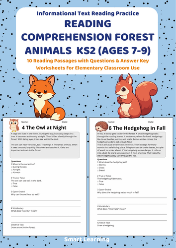 Reading Comprehension Forest Animals Worksheets (Ages 7–8) | 10 Texts & Questions