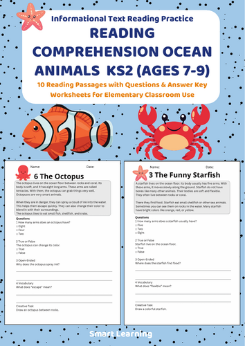 Reading Comprehension Ocean Animals Worksheets (Ages 7–8) | 10 Texts & Questions