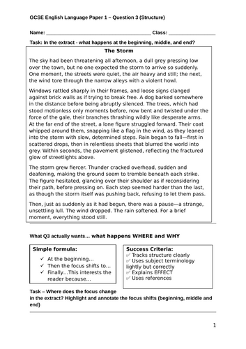 GCSE English Language Paper 1 Q3 – Structure Lesson + Worksheet ...
