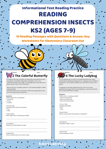 Reading Comprehension Insects Worksheets (Ages 7–9) | 10 Texts & Questions