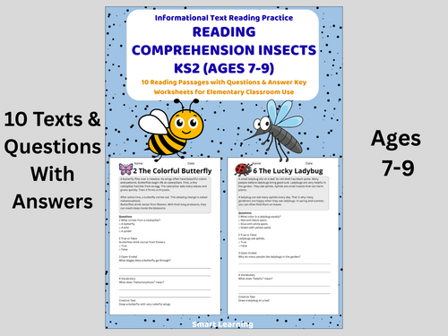 Reading Comprehension Insects Worksheets (Ages 7–9) | 10 Texts & Questions