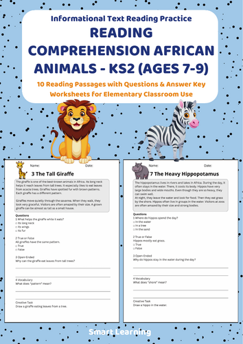 Reading Comprehension African Animals Worksheets (Ages 7–9) | 10 Texts & Questions