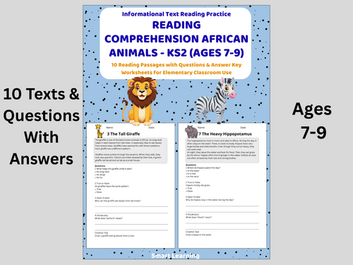 Reading Comprehension African Animals Worksheets (Ages 7–9) | 10 Texts & Questions