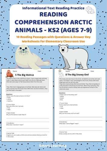 Reading Comprehension Arctic Animals Worksheets (Ages 7–9) | 10 Texts & Questions