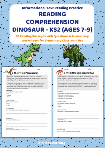 Reading Comprehension Dinosaur Worksheets (Ages 7–9) | 10 Texts & Questions