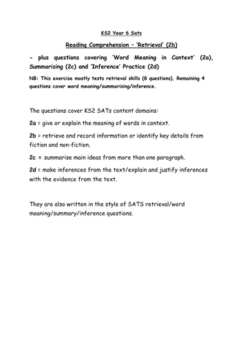 KS2 SATS Reading Comprehension-Retrieval/Meaning/Summarise/Inference 2a ...