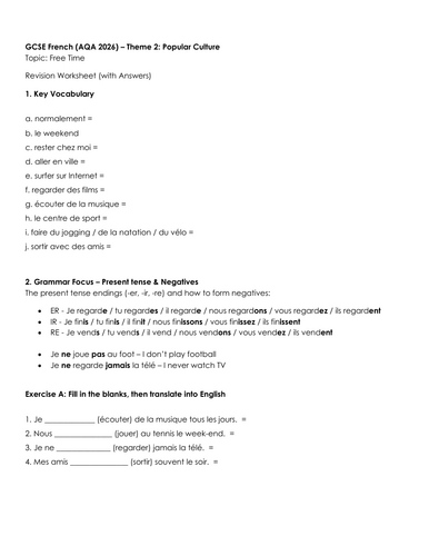AQA GCSE French Revision Worksheet - Free time | Teaching Resources