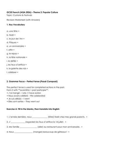 AQA GCSE French Revision Worksheet - Customs & Festivals | Teaching ...