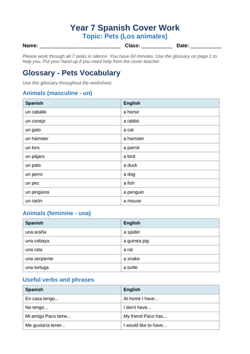 Year 7 Spanish: Pets & Animals Worksheet