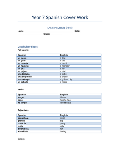 Year 7 Spanish: Pets Vocabulary Starter