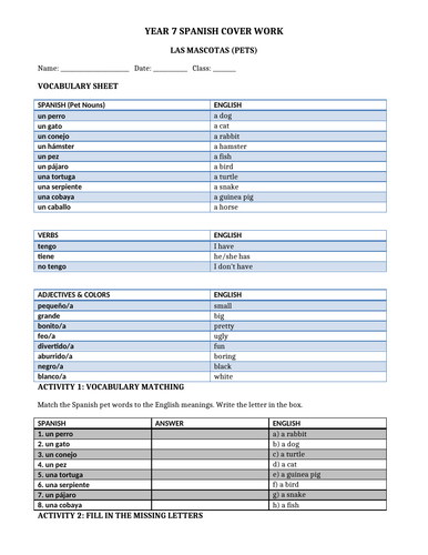 Year 7 Spanish: Pets Extended Reading Pack